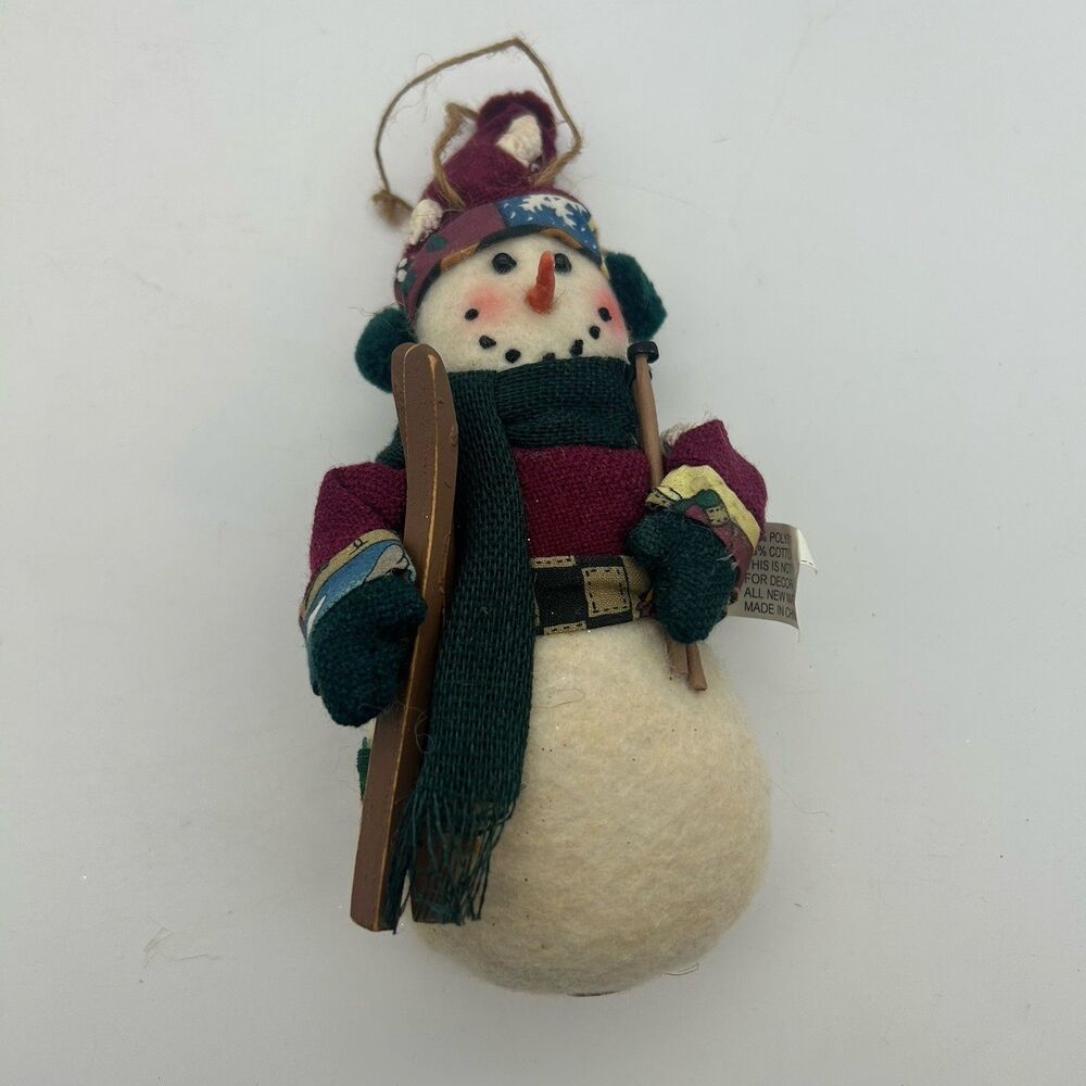 Hanging Snowman Skier Christmas Ornament Patchwork Fabric Wood 7 in Winter